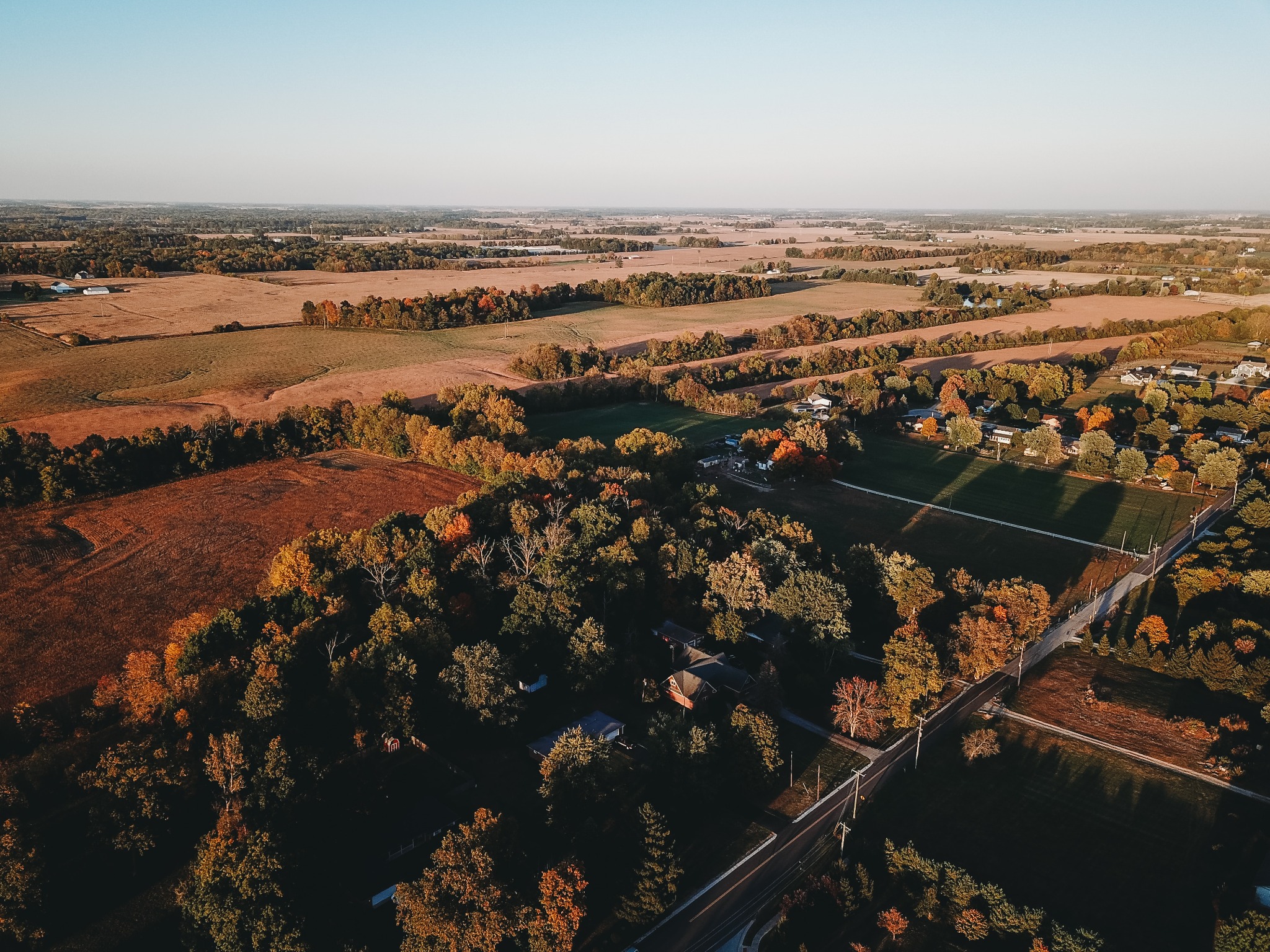 Aerial view of fields and countryside near South Whitley, Indiana